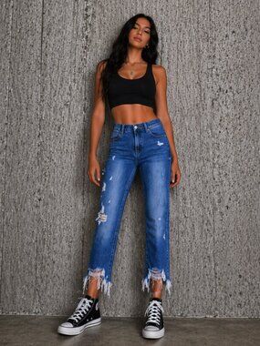 Blank NYC Madison Crop Destroyed Jeans Size 24 High Rise Frayed Hem Denim